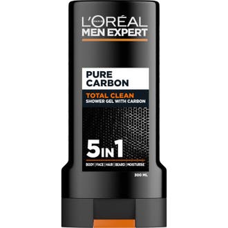 L'Oréal Men Expert Pure Carbon 300ml 5-i-1 duschgel för total rengöring i svart plastflaska med orange detalj.