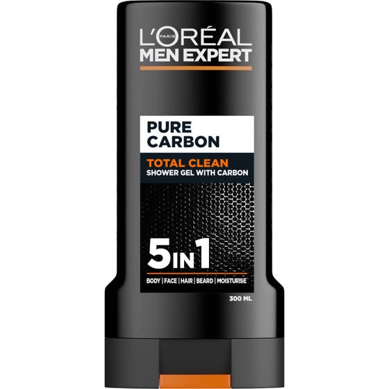L'Oréal Men Expert Pure Carbon 300ml 5-i-1 duschgel för total rengöring i svart plastflaska med orange detalj.