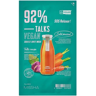 Missha Talks Vegan Squeeze Sheet Mask 27 g lugnande mask i turkos förpackning dekorerad med morot och kålrabbi