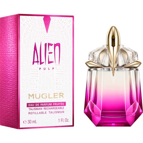 Mugler Alien Pulp Eau de Parfum 30 ml damparfym i rosa tonad glasflaska bredvid vit och ceriserosa ytterförpackning