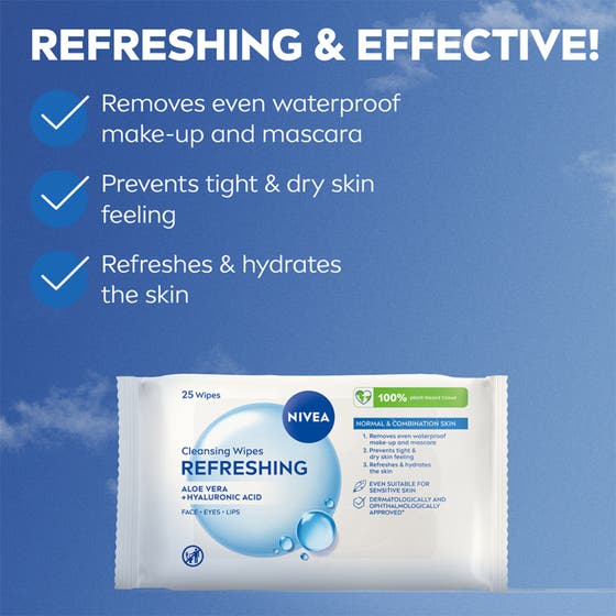 NIVEA Refreshing Cleansing Wipes 25 st ansiktsservetter 3-i-1 ger hälsosam hy på leende kvinna med texten 94 procent