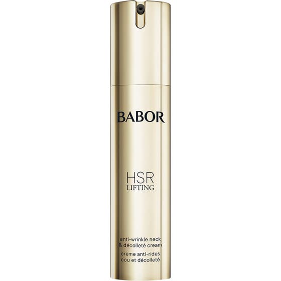 Babor HSR Lifting lyftande kräm för hals och dekolletage i en elegant guldfärgad pumpflaska.