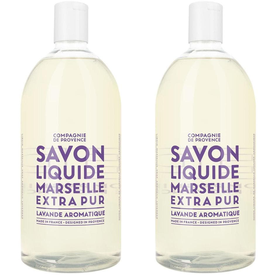 Compagnie de Provence Savon Liquide Marseille 1000ml aromatisk lavendeltvål i genomskinlig plastflaska med vitt lock