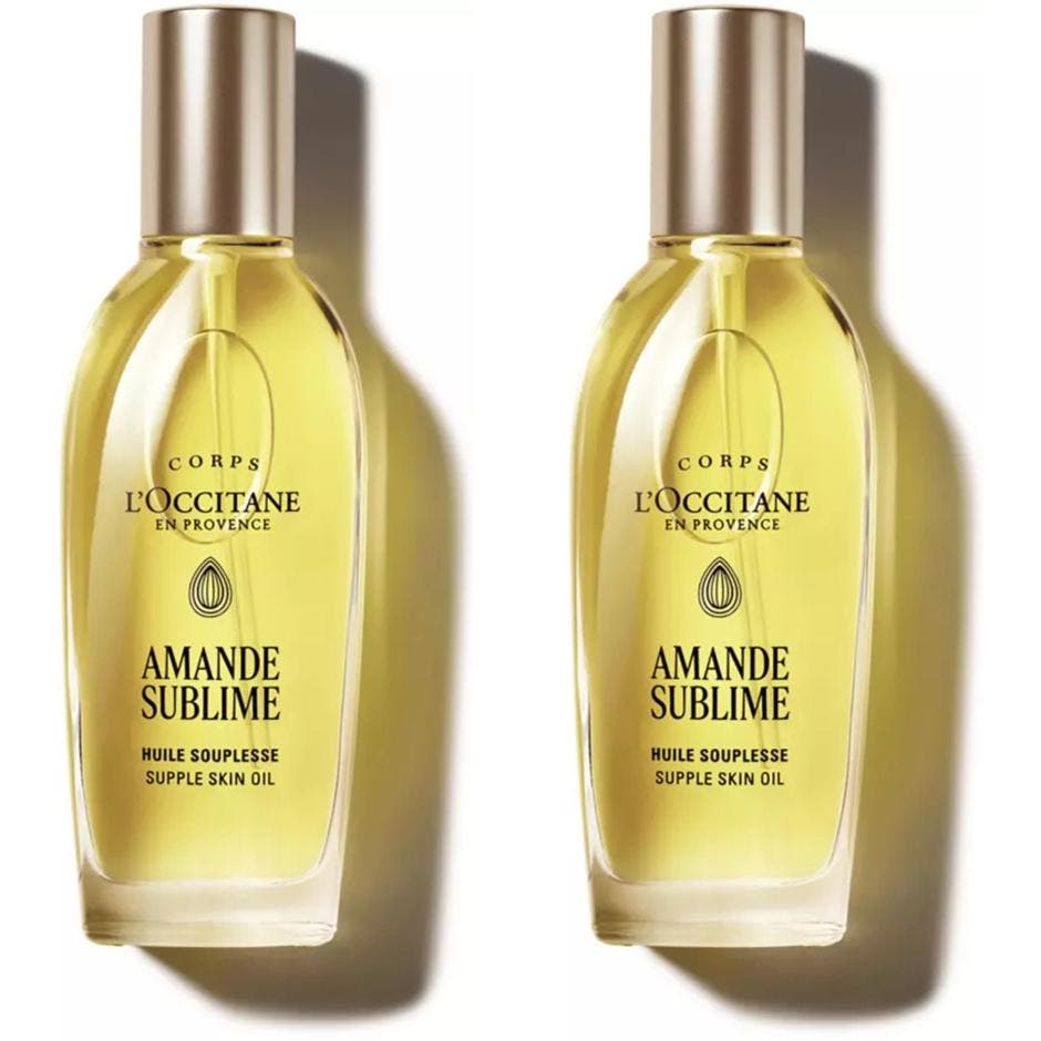 L'Occitane Amande Supple Skin Oil 100 ml 48h fuktgivande kroppsolja i glasflaska med spraypump och gyllene olja